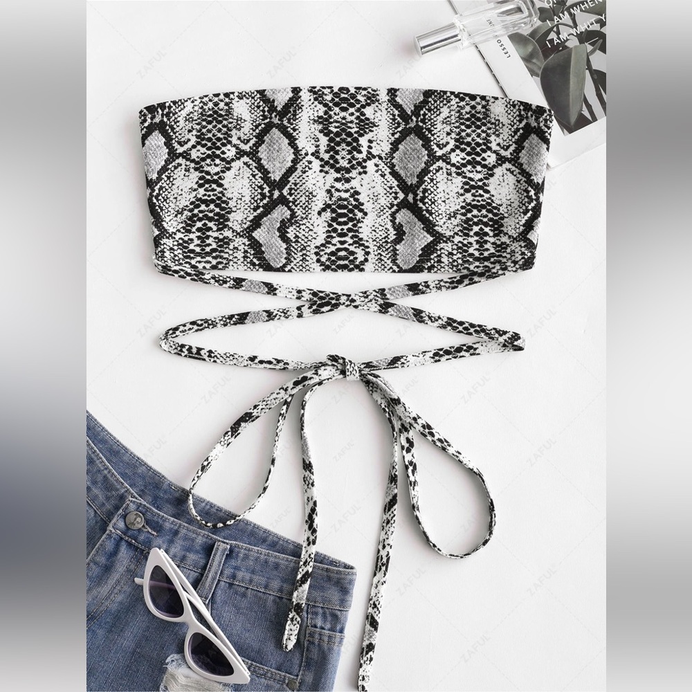 Criss Cross Snake Print Bandeau Crop Top